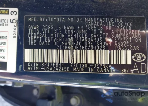 2006 Toyota Corolla from USA, damaged, VIN 2T1BR30E16T701026